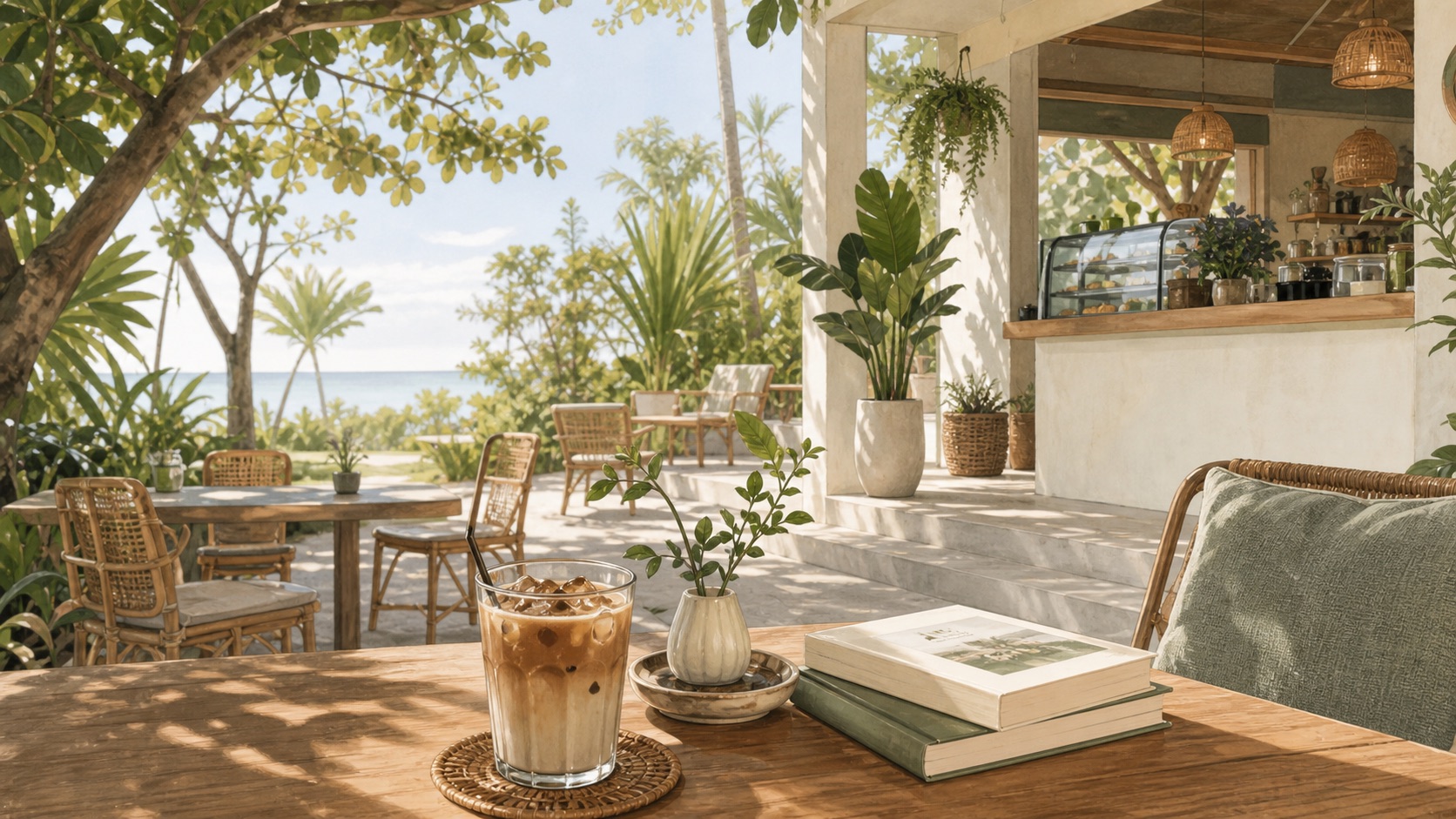 ภาพบรรยากาศคาเฟ่สวนเขตร้อนพร้อมกาแฟเย็นและแสงเช้า